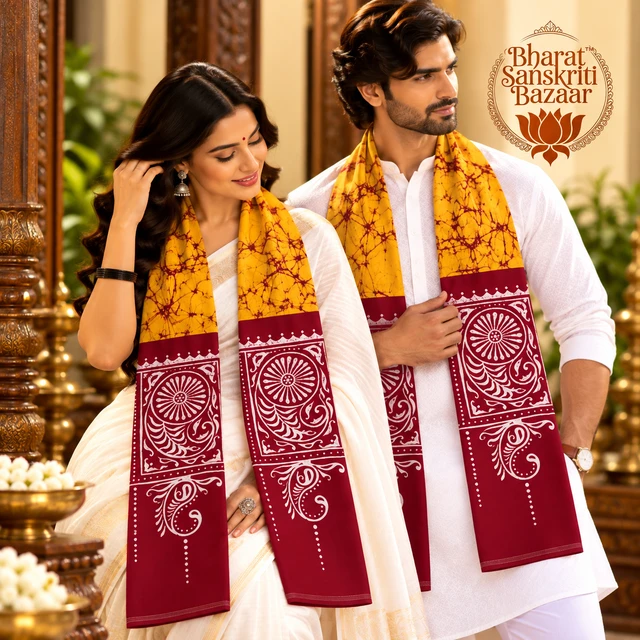 Traditional Yellow & Red Batik Cotton Uttorio | Shantiniketan Cotton Batik Uttorio | Traditional Bengali Batik Stole | Handcrafted Uttariya for Men & Women