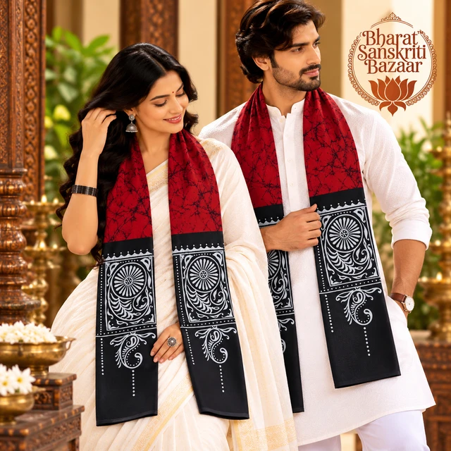 Traditional Red & Black Batik Cotton Uttorio | Shantiniketan Cotton Batik Uttorio | Traditional Bengali Batik Stole | Handcrafted Uttariya for Men & Women