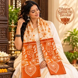 Off White & Orange Batik Printed Pure Cotton Uttorio | Shantiniketan Cotton Batik Uttorio | Traditional Bengali Batik Stole | Handcrafted Uttariya for Men & Women
