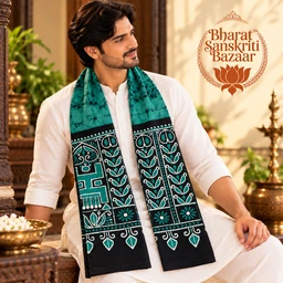 Dark Green & N-Blue Batik Printed Pure Cotton Uttorio | Shantiniketan Cotton Batik Uttorio | Traditional Bengali Batik Stole | Handcrafted Uttariya for Men & Women