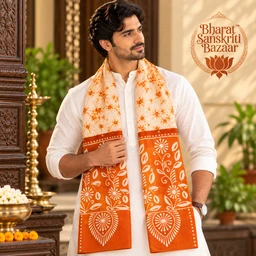 Off White & Orange Batik Printed Pure Cotton Uttorio | Shantiniketan Cotton Batik Uttorio | Traditional Bengali Batik Stole | Handcrafted Uttariya for Men & Women