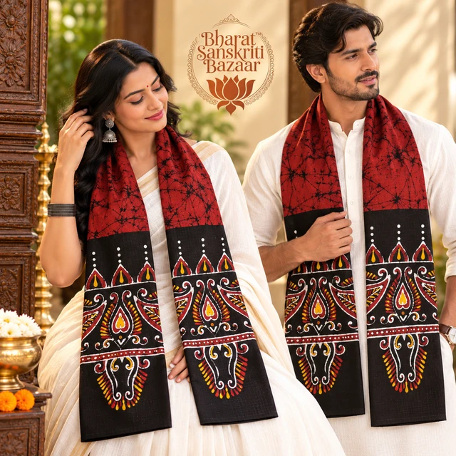 Red & Black Batik Printed Pure Cotton Uttorio | Shantiniketan Cotton Batik Uttorio | Traditional Bengali Batik Stole | Handcrafted Uttariya for Men & Women