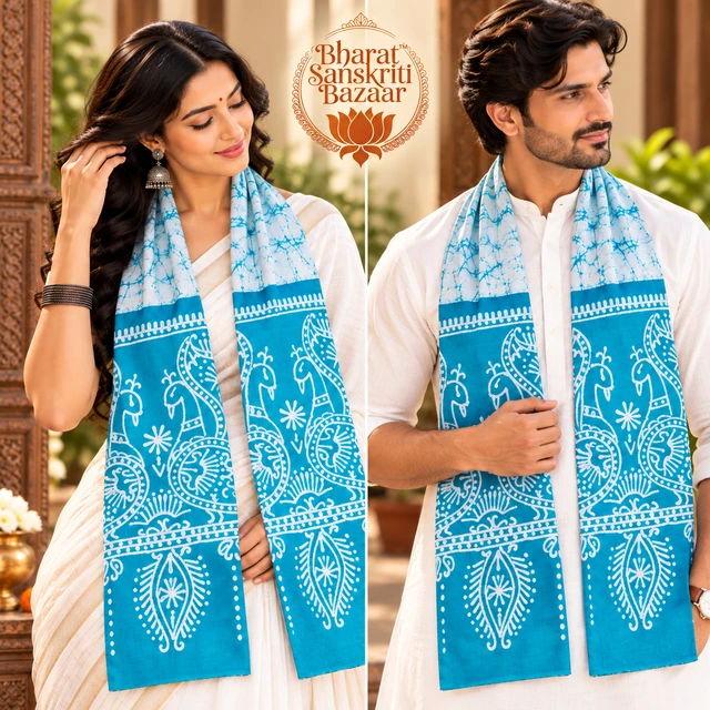 Phiroza & White Batik Printed Pure Cotton Uttorio | Shantiniketan Cotton Batik Uttorio | Traditional Bengali Batik Stole | Handcrafted Uttariya for Men & Women