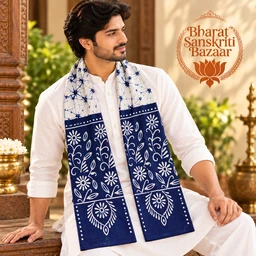 Blue & White Batik Printed Pure Cotton Uttorio | Shantiniketan Cotton Batik Uttorio | Traditional Bengali Batik Stole | Handcrafted Uttariya for Men & Women