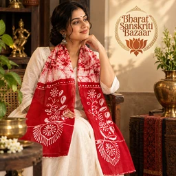 White & Red Batik Printed Pure Cotton Uttorio | Shantiniketan Cotton Batik Uttorio | Traditional Bengali Batik Stole | Handcrafted Uttariya for Men & Women