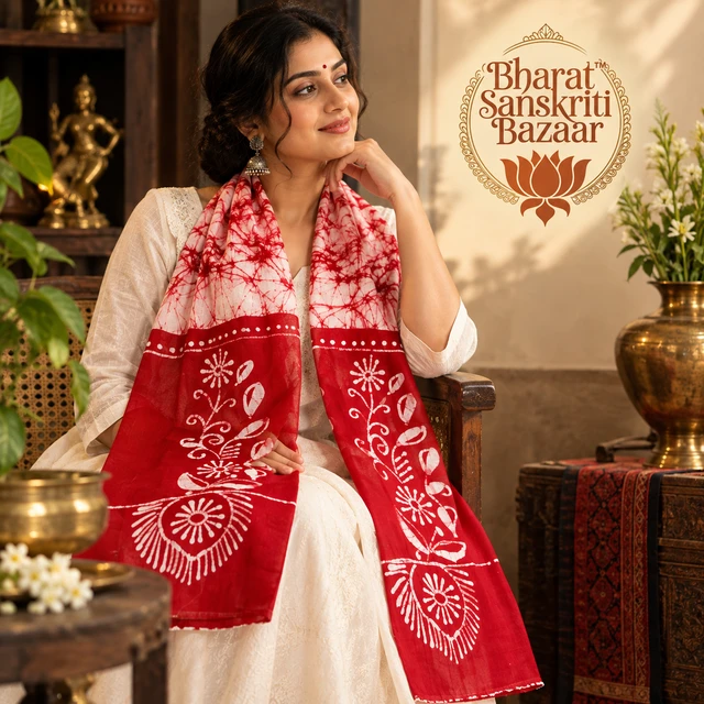 White & Red Batik Printed Pure Cotton Uttorio | Shantiniketan Cotton Batik Uttorio | Traditional Bengali Batik Stole | Handcrafted Uttariya for Men & Women