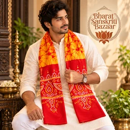 Orange & Red Batik Printed Pure Cotton Uttorio | Shantiniketan Cotton Batik Uttorio | Traditional Bengali Batik Stole | Handcrafted Uttariya for Men & Women