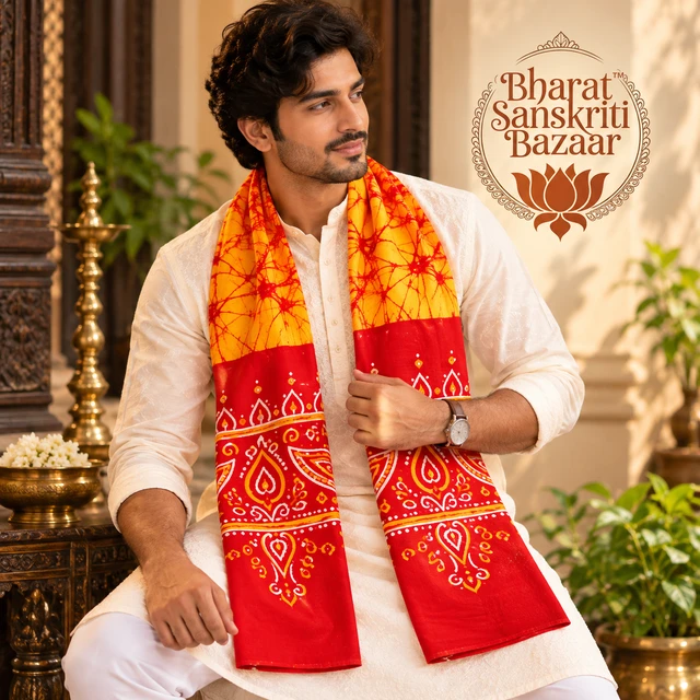Orange & Red Batik Printed Pure Cotton Uttorio | Shantiniketan Cotton Batik Uttorio | Traditional Bengali Batik Stole | Handcrafted Uttariya for Men & Women
