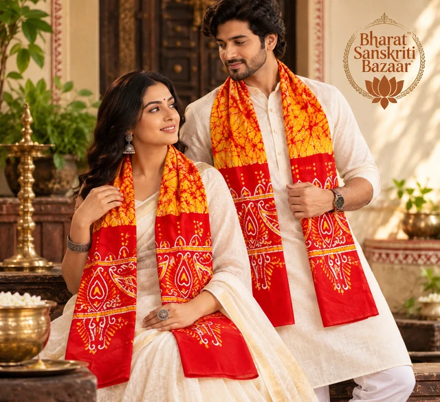 Orange & Red Batik Printed Pure Cotton Uttorio | Shantiniketan Cotton Batik Uttorio | Traditional Bengali Batik Stole | Handcrafted Uttariya for Men & Women