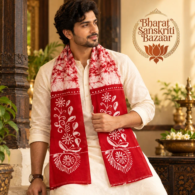 White & Red Batik Printed Pure Cotton Uttorio | Shantiniketan Cotton Batik Uttorio | Traditional Bengali Batik Stole | Handcrafted Uttariya for Men & Women