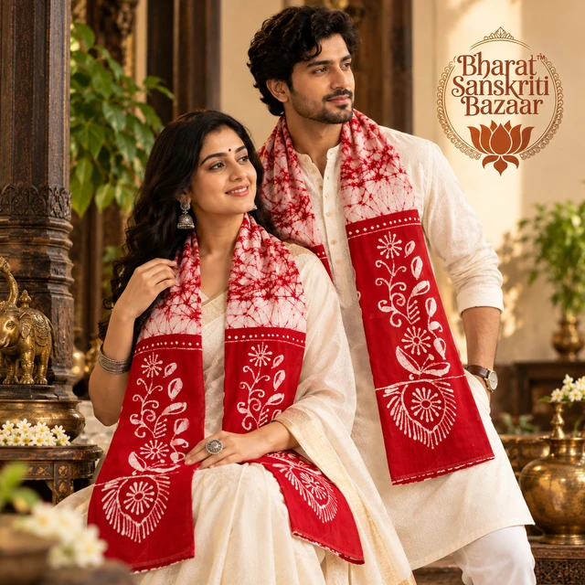 White & Red Batik Printed Pure Cotton Uttorio | Shantiniketan Cotton Batik Uttorio | Traditional Bengali Batik Stole | Handcrafted Uttariya for Men & Women