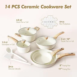 SENSARTE Ceramic Cookware Sets, Pots and Pans Set Non stick, 14 Piece Induction Cookware, Non toxic Healthy Non Stick Kitchen Cooking Set, with Frying Pans Set, PFAS PTFE PFOA PFOS Free