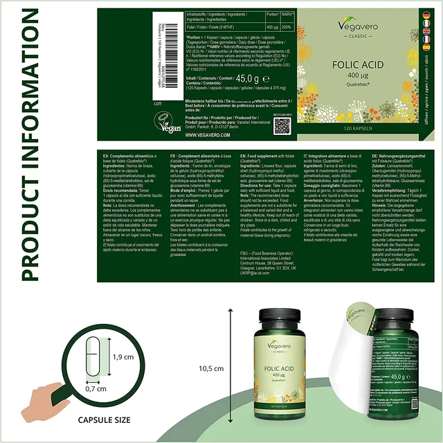Methyl Folate VegaveroÂ® 400mcg | Natural Folic Acid Tablet Alternative | NO Additives | Vitamin B9 QuatrefolicÂ® (5-MTHF) Pregnancy, Preconception, Maternal Tissue Growth, 120 Vegan Capsules