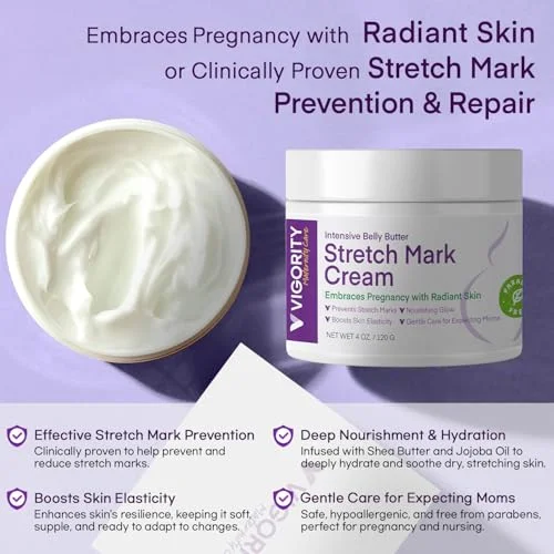 Vigority Stretch Mark Cream For Pregnant Women: Stretch Mark Treatment For Pregnancy - Belly Butter For Pregnant Women - Massage Lotion To Prevent And Repair Maternity Stretch Marks Scar - 4 Oz