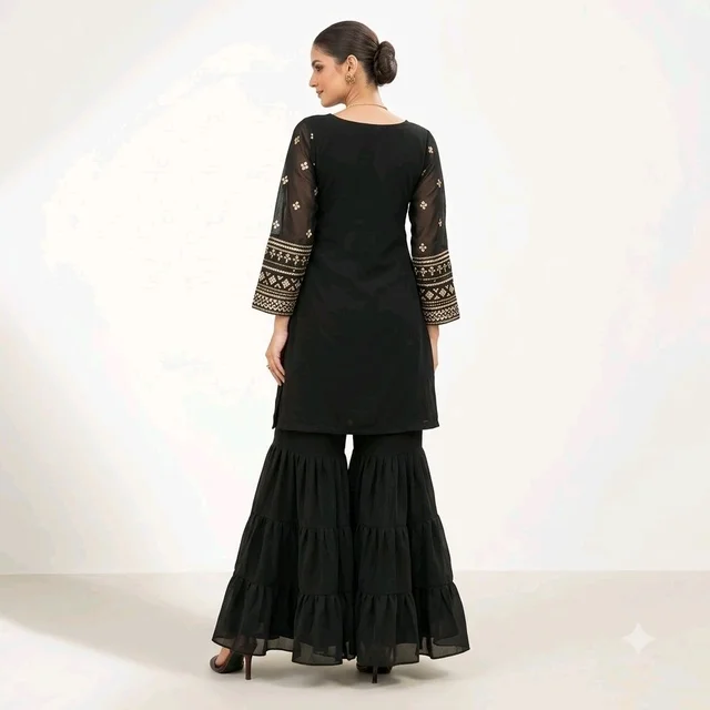 Women’s Black Georgette Embroidered Kurta Sharara Set with Dupatta - X