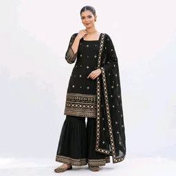 Women’s Black Georgette Embroidered Kurta Sharara Set with Dupatta - X