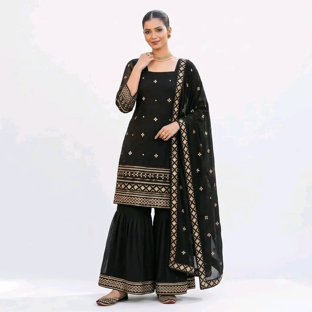 Women’s Black Georgette Embroidered Kurta Sharara Set with Dupatta - X