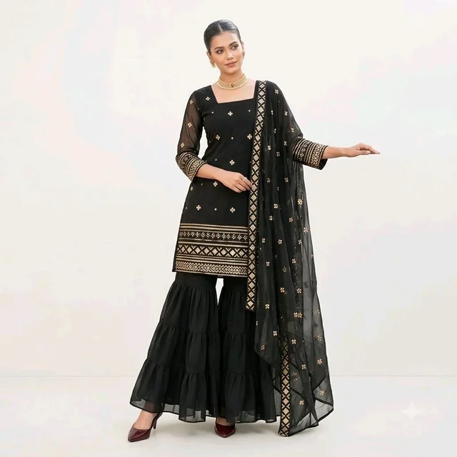 Women’s Black Georgette Embroidered Kurta Sharara Set with Dupatta - X