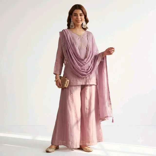 Women’s Lavender Embroidered Kurta Palazzo Set with Dupatta - S