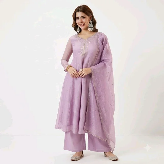 Women’s Lavender Embroidered Kurta Palazzo Set with Dupatta - S