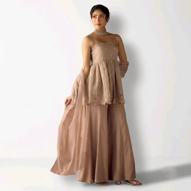 Women’s Beige Embroidered Peplum Top with Wide-Leg Palazzo Set - M