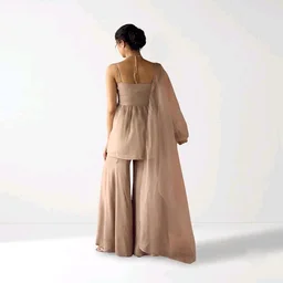 Women’s Beige Embroidered Peplum Top with Wide-Leg Palazzo Set - M