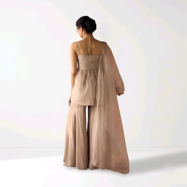 Women’s Beige Embroidered Peplum Top with Wide-Leg Palazzo Set - M