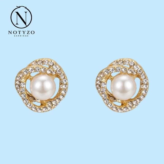 NOTYZO Elegant Gold Finish Crystal Swirl Pearl Earrings – Sparkling Organic Circle Pearl Stud Earrings