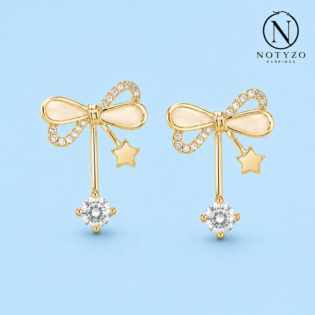 NOTYZO Elegant Bow Knot & Solitaire Zirconia Dangle Earrings – Gold Finish Star Charm Drop Studs