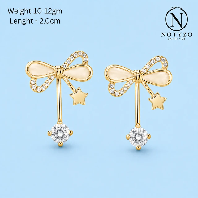 NOTYZO Elegant Bow Knot & Solitaire Zirconia Dangle Earrings – Gold Finish Star Charm Drop Studs