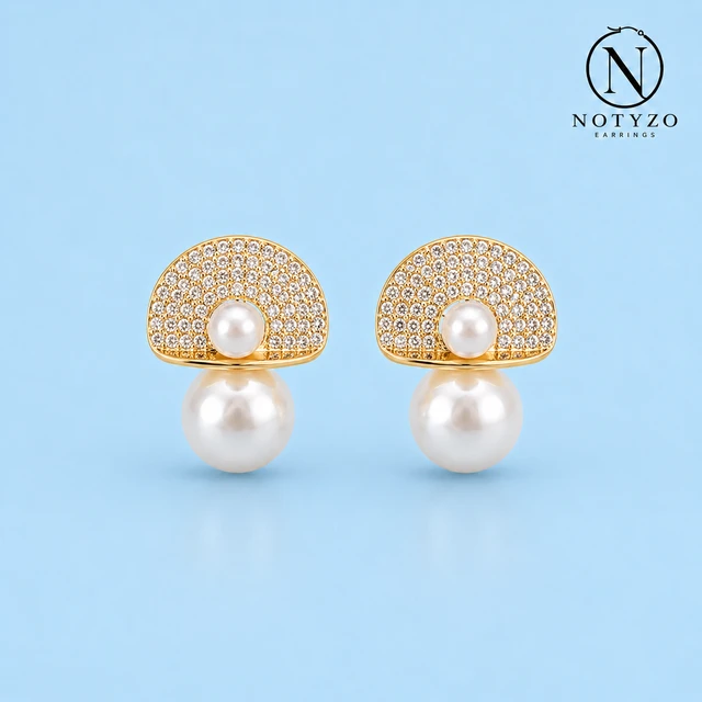 NOTYZO Elegant Fan-Shaped Pearl Stud Earrings – Gold Finish Shiny Crystal Statement Earrings