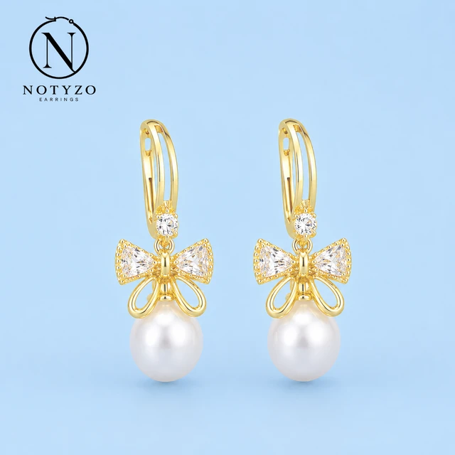 NOTYZO Elegant Bow Knot Pearl Dangle Earrings – Gold Finish Sparkling Crystal Drop Earrings