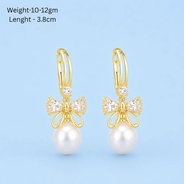NOTYZO Elegant Bow Knot Pearl Dangle Earrings – Gold Finish Sparkling Crystal Drop Earrings