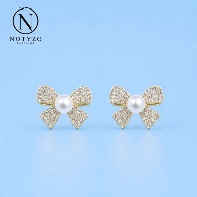 NOTYZO Elegant Gold Finish Bow Knot Pearl Earrings – Shiny Crystal Ribbon Stud Earrings