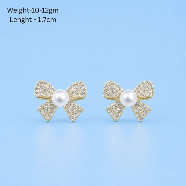 NOTYZO Elegant Gold Finish Bow Knot Pearl Earrings – Shiny Crystal Ribbon Stud Earrings