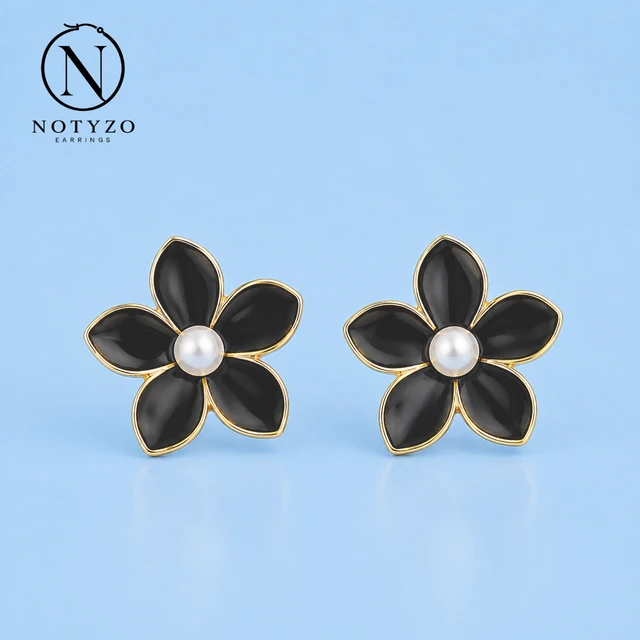 NOTYZO Elegant Black Blossom Stud Earrings – Gold Finish Pearl Floral Statement Earrings