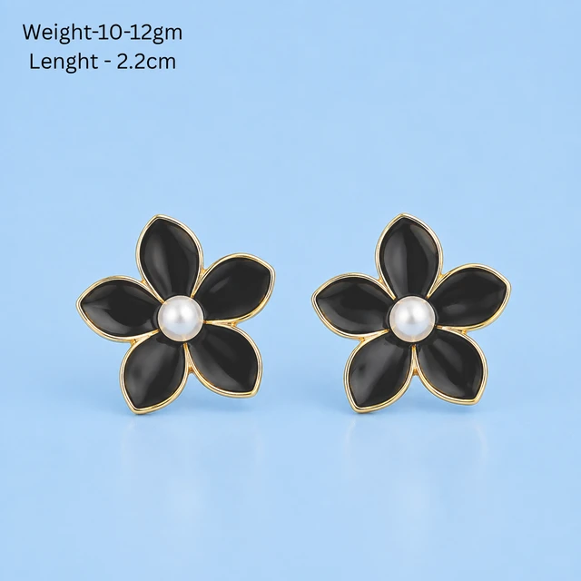 NOTYZO Elegant Black Blossom Stud Earrings – Gold Finish Pearl Floral Statement Earrings
