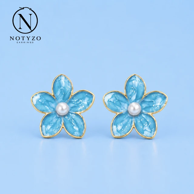NOTYZO Elegant Blue Blossom Stud Earrings – Gold Finish Pearl Floral Statement Earrings