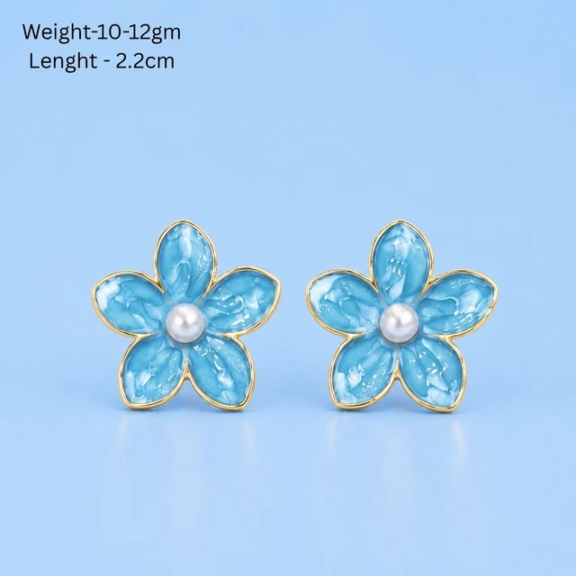 NOTYZO Elegant Blue Blossom Stud Earrings – Gold Finish Pearl Floral Statement Earrings