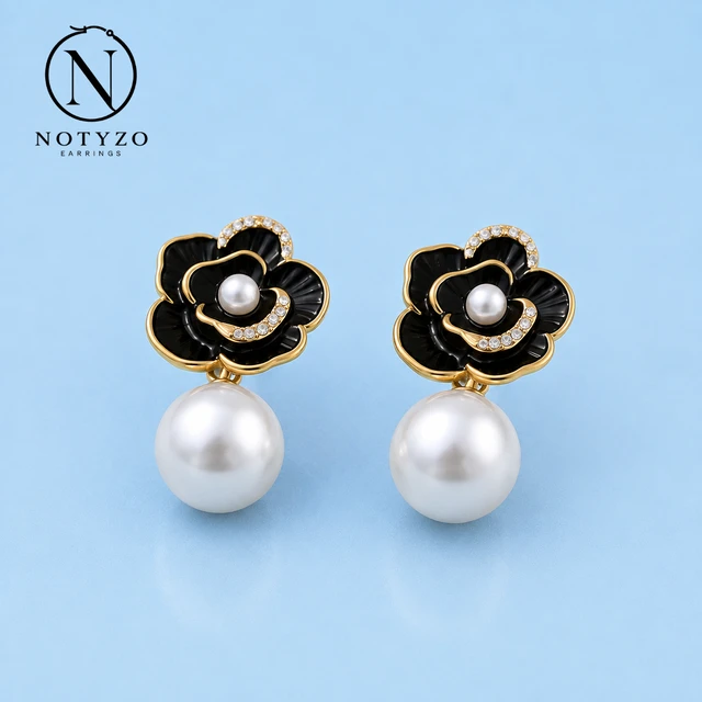 NOTYZO Elegant Black Flower Pearl Drop Earrings – Gold Finish Crystal Rose Dangle Earrings