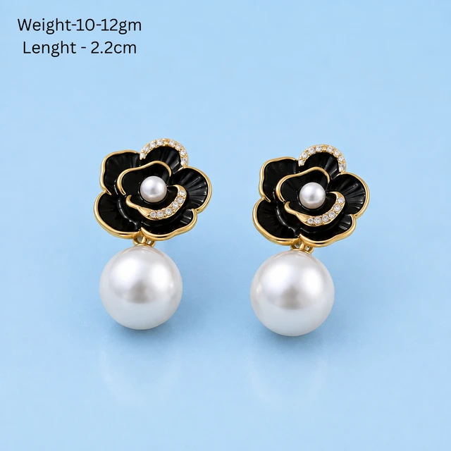 NOTYZO Elegant Black Flower Pearl Drop Earrings – Gold Finish Crystal Rose Dangle Earrings