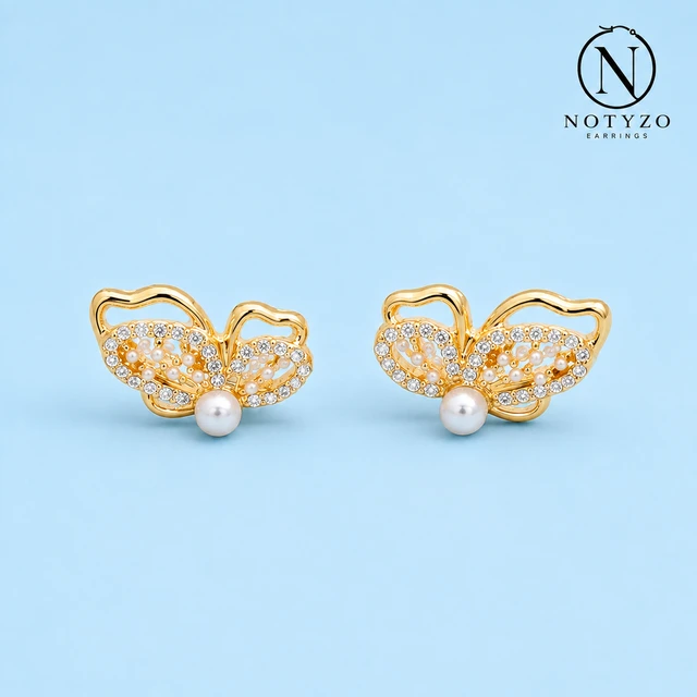 NOTYZO Delicate Butterfly Stud Earrings – Gold Finish Crystal & Pearl Detail Studs