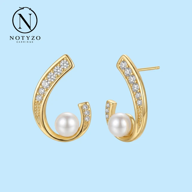 NOTYZO Elegant Gold Finish Curved Crystal Pearl Huggie Earrings – Sparkling Sweep Pearl Stud Earrings