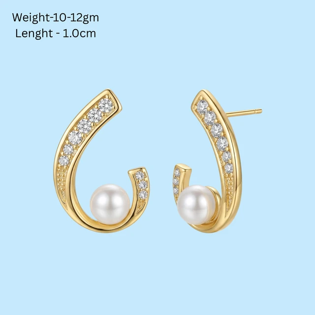 NOTYZO Elegant Gold Finish Curved Crystal Pearl Huggie Earrings – Sparkling Sweep Pearl Stud Earrings
