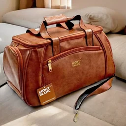 5 Compartments, Leather Travel, Gym Bag , Duffel Bag With Long Adjustable Belt - brown