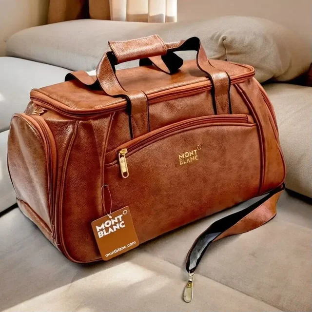 5 Compartments, Leather Travel, Gym Bag , Duffel Bag With Long Adjustable Belt - brown