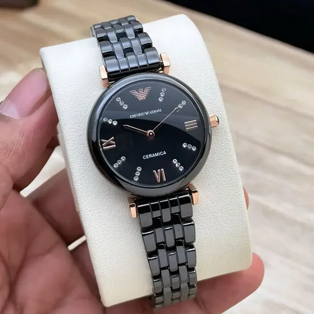 Emporio Armani Armani Ceremic Versatile Stylish Watch For Women - black diamond dial