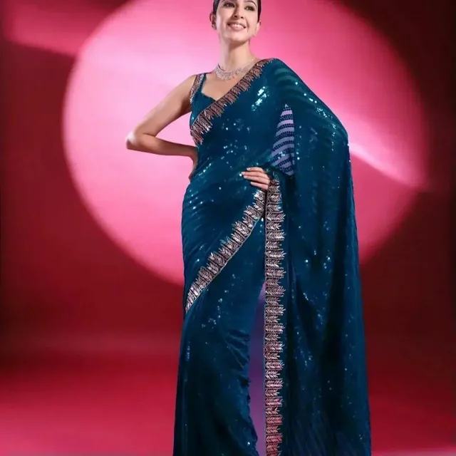 Bollywood Sequence Work Designer Party Wear Saree Collection - Blue