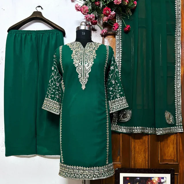 Fully Stitched Party Wear Zari Embroidery Work Plazo Suite - 44XXL Green