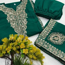 Fully Stitched Party Wear Zari Embroidery Work Plazo Suite - 44XXL Green